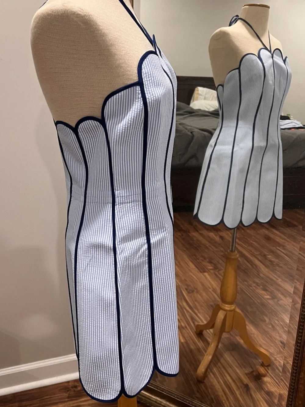 Striped Blue & White Scalloped Strapless Mini Dress - Picture 10 of 11